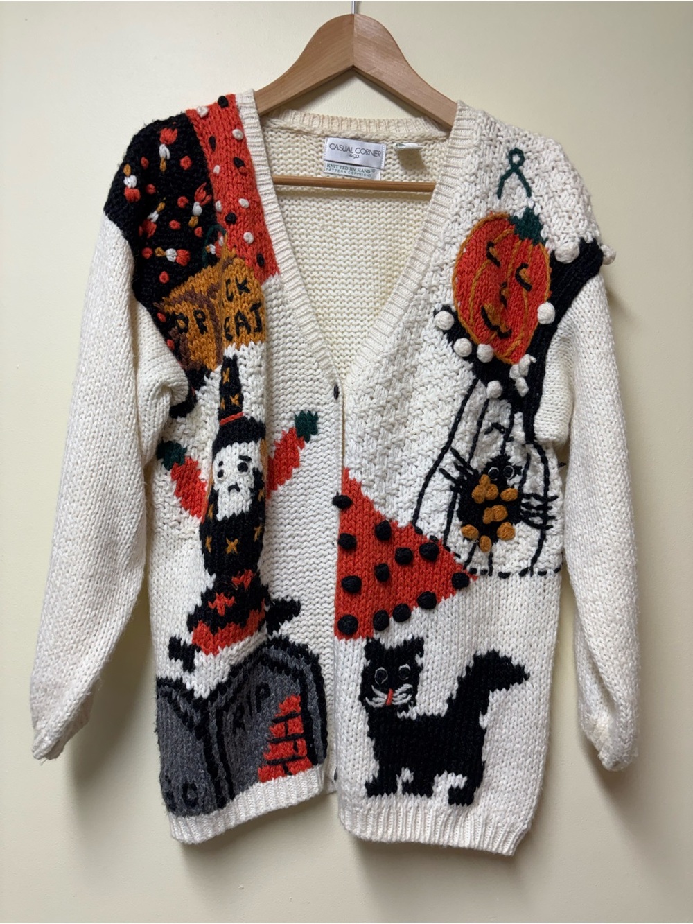 Vintage Hand Knit Chunky 90’s Halloween Fall Trick or Treat Cardigan - Medium